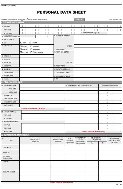 CSC Form 212 Personal Data Sheet