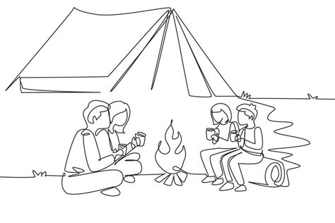 Single continuous line drawing happy family camping with campfire and ...