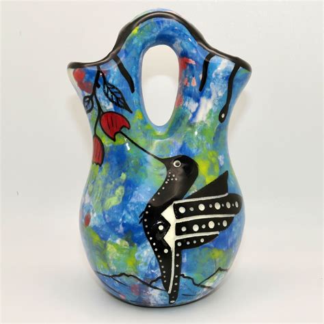 Tiny Wedding Vase With Hummingbird On Blue Green Mana Pottery