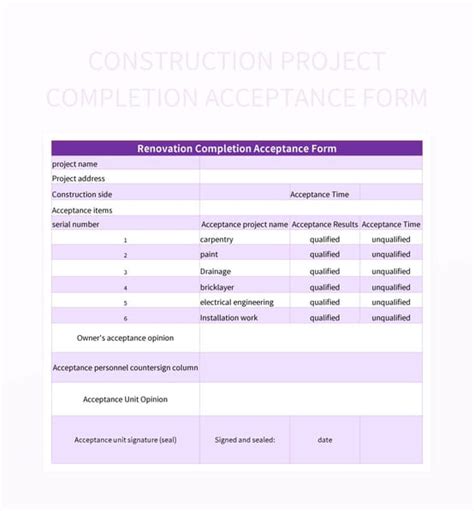 Construction Project Completion Acceptance Form Excel Template And