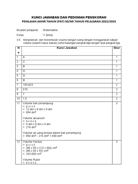 Kunci Jawaban Dan Pedoman Penskoran Kelas 5 Pdf