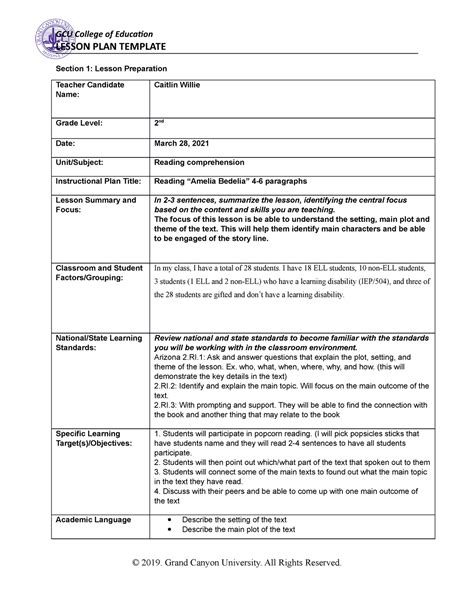 Coe Lesson Plan Template Gcu