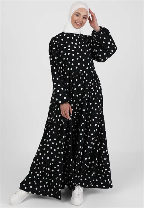 Modanisa Polka Dot Crew Neck Modest Benin Maxikleid Blackschwarz Zalandode