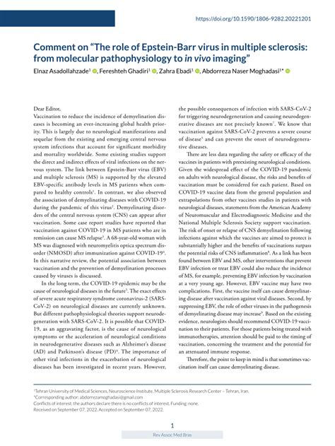 Pdf Comment On “the Role Of Epstein Barr Virus In Multiple Sclerosis From Molecular