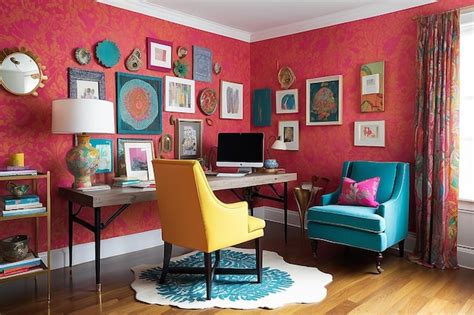 Premium Photo Vibrant And Eclectic Home Office With A Mix Of Patterns