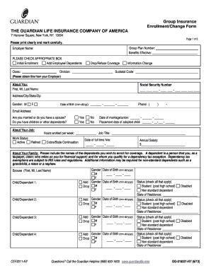 Fillable Online Group Insurance EnrollmentChange Form THE GUARDIAN LIFE