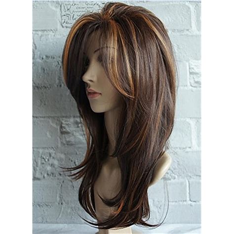 Long Layered Shoulder Length Brown With Camel Color Highlight Wig Synthetic Hair Fiber Highlight