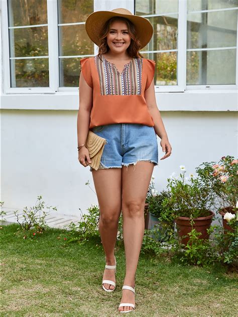 SHEIN VCAY Blusa con estampado geométrico de cuello notch de manga