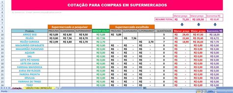 Planilha De Cota O Em Excel Para Compras Nos Supermercados R