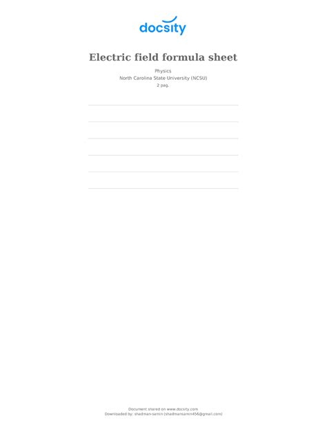 Docsity electric field formula sheet - Electric field formula sheet Physics North Carolina State ...