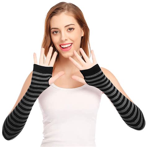 Womens Long Fingerless Knit Striped Arm Gloves Elbow Sleeve Winter