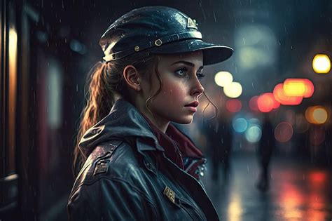 Retrato de una hermosa chica policía en la calle bajo la lluvia por la