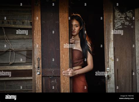 Woman Ghost Drama Standing On Old Door In Wooden Thai House Horror