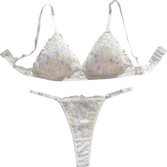 Amazon OYOANGLE Women S Floral Embroidery Mesh Bra And Thongs 2 Piece Lingerie Set White M