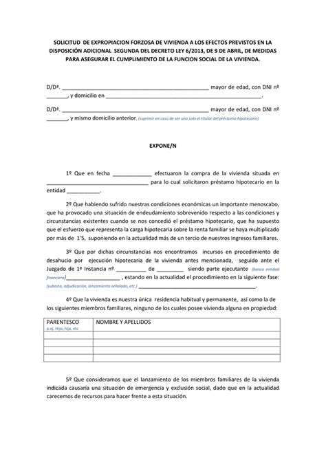 solicitud para expropiación de uso de vivienda