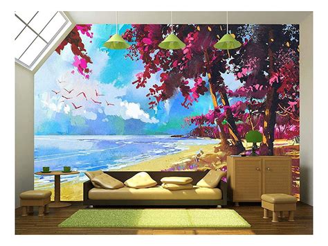 Wall Pink Trees On The Beach Summer Landscape Illustration