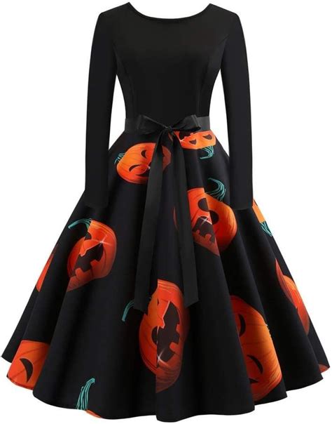 Shein 50s Pumpkin Halloween Ribbon Belted Dress Long Sleeve Vintage