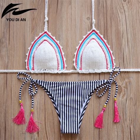 2017 Sexy Handmade Knitted Bikinis Swimwear Women Halter Crochet Bikini