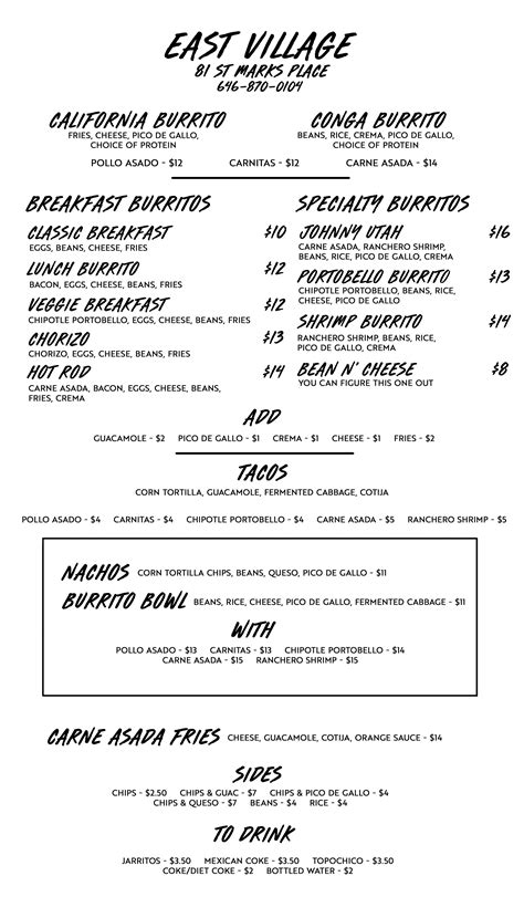 East Village menu — Electric Burrito