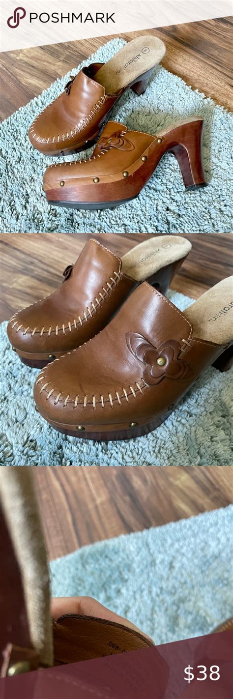 Vintage Xhilaration Brown Wooden Leather Flower Clog Heels Platform