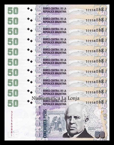 Argentina Lote 10 Billetes 50 Pesos Sarmiento 2015 Pick 356g Serie I Sc