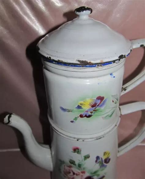 GRANDE CAFETIÈRE TÔLE émaillée ancienne blanche décor roses et pensées