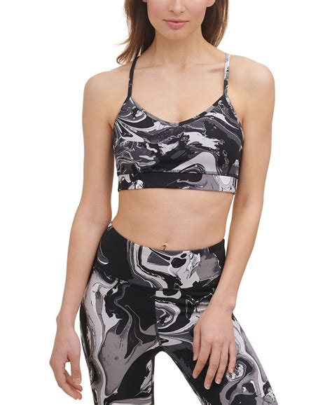 Dkny Womens Marble Print Strappy Back Medium Impact Sports Bra Macys