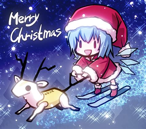 Safebooru Blue Hair Chibi Chidejika Christmas Christmas Tree Cirno