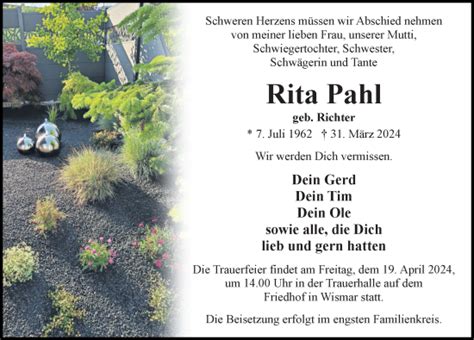 Traueranzeigen Von Rita Pahl Trauer Anzeigen De