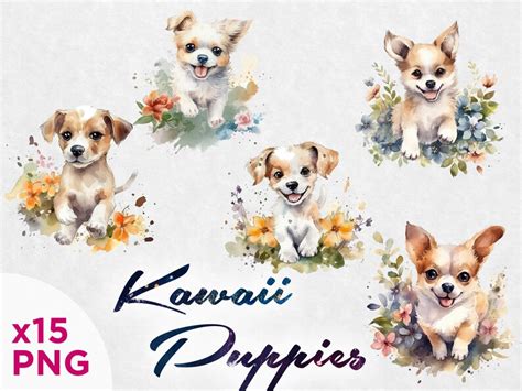 Watercolour Kawaii Puppies Clipart Floral Fantasy PNG Etsy