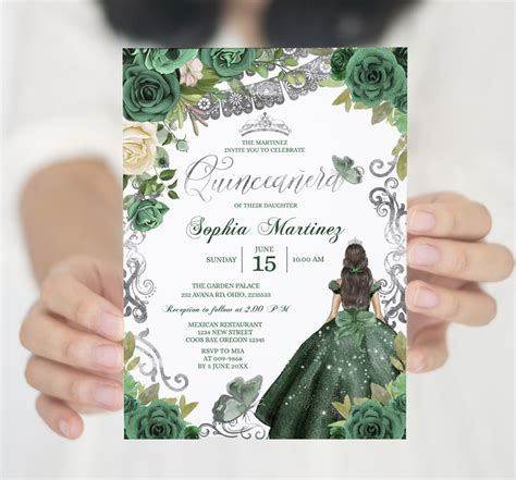 Editable Hunter Green Dress Mis Quince Invitation Emerland Green