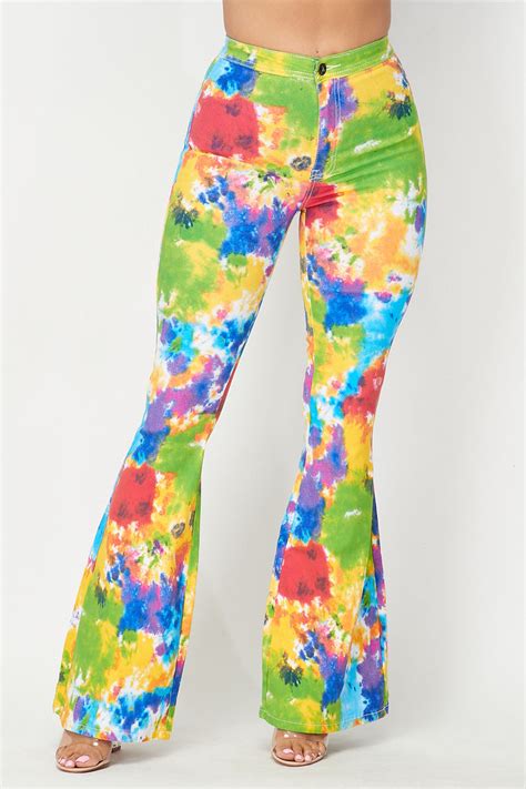 Super High Waisted Stretchy Bell Bottoms Yellow Green Tie Dye