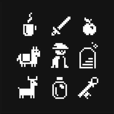 Pixel Art 8 Bit Icon Set черно белый эмодзи зелье и яблочный герой с