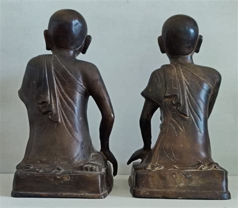 Th Century Pair Bronze Burmese Monk Statues