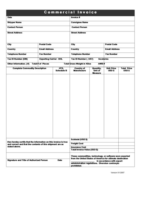 Fillable Commercial Invoice Form Printable Forms Free Online