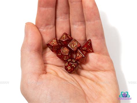 Mini Glitter Ruby Red And Gold 10mm Acrylic Dice Set 7 Chessex Viridian Dice