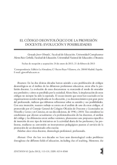 Pdf El CÓdigo DeontolÓgico De La ProfesiÓn Docente EvoluciÓn Y