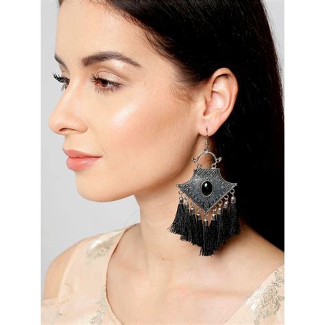 Infuzze Oxidised Silver Toned Black Tasselled Drop Earrings Buy