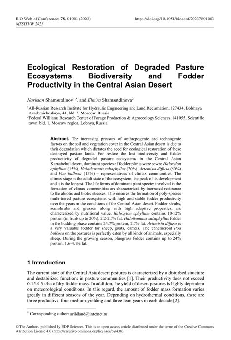 Pdf Ecological Restoration Of Degraded Pasture Ecosystems Biodiversity And Fodder Productivity