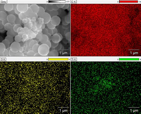 SEM Image Of Carbon Spheres Doped With Titania And EDX Mapping Of Ti