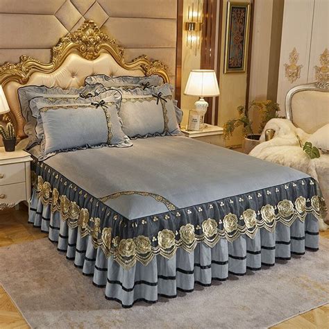 Pisoshare Luxury Bed Skirt Crystal Velvet Double Bedspread Lace Bed