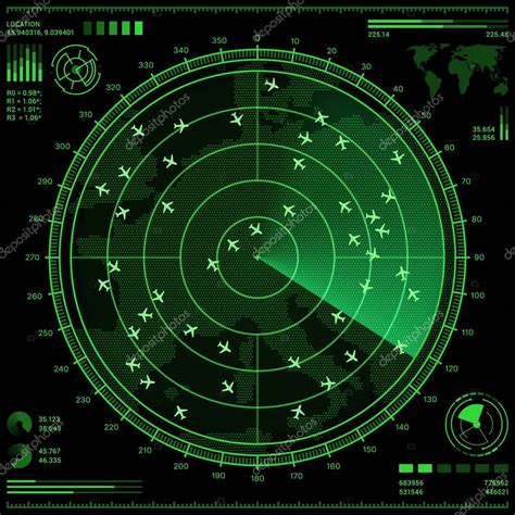 Pantalla De Radar De Control A Reo Con Aviones Y Mapa Del Mundo Vector