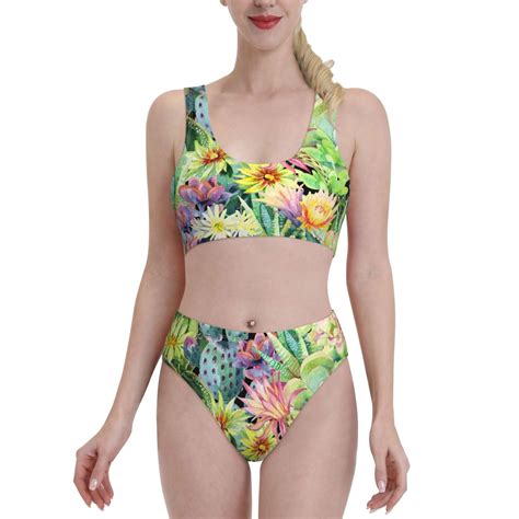 Bingfone Women S Bikini Sets Watercolor Blooming Cactus Print High