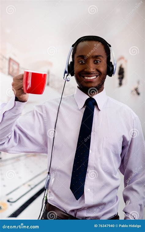 Handsome Man Wearing Headphones With Microphone White Striped Shirt