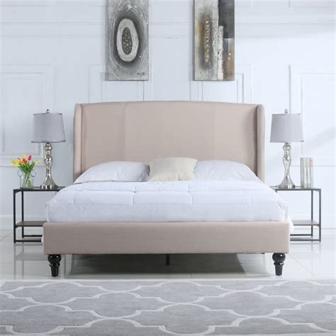 Classic Ivory Linen Platform Bed Frame with Upholstered Shelter ...