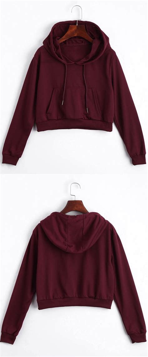 Up To 80 Off Front Pocket Drawstring Crop Hoodie Deep Red S Zaful