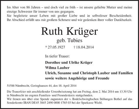 Traueranzeigen von Ruth Krüger WirTrauern