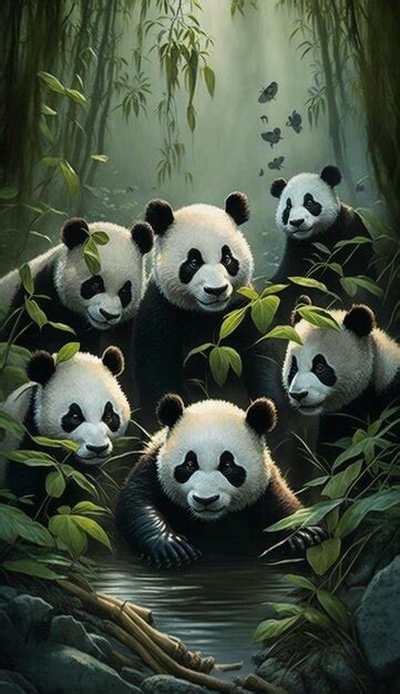 A Painting Of Pandas In A Forest With Green Leaves Premium Ai