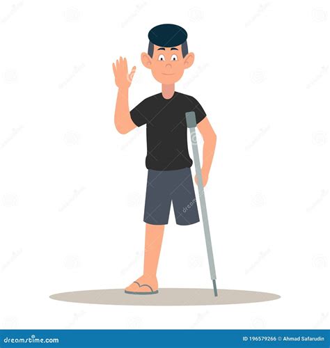 Disable Young Man Happy Smiling Male With One Leg Was Standing Using A