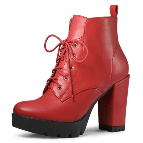 Unique Bargains Womens Round Toe Block High Heel Lace Up Platform Boots Red 7